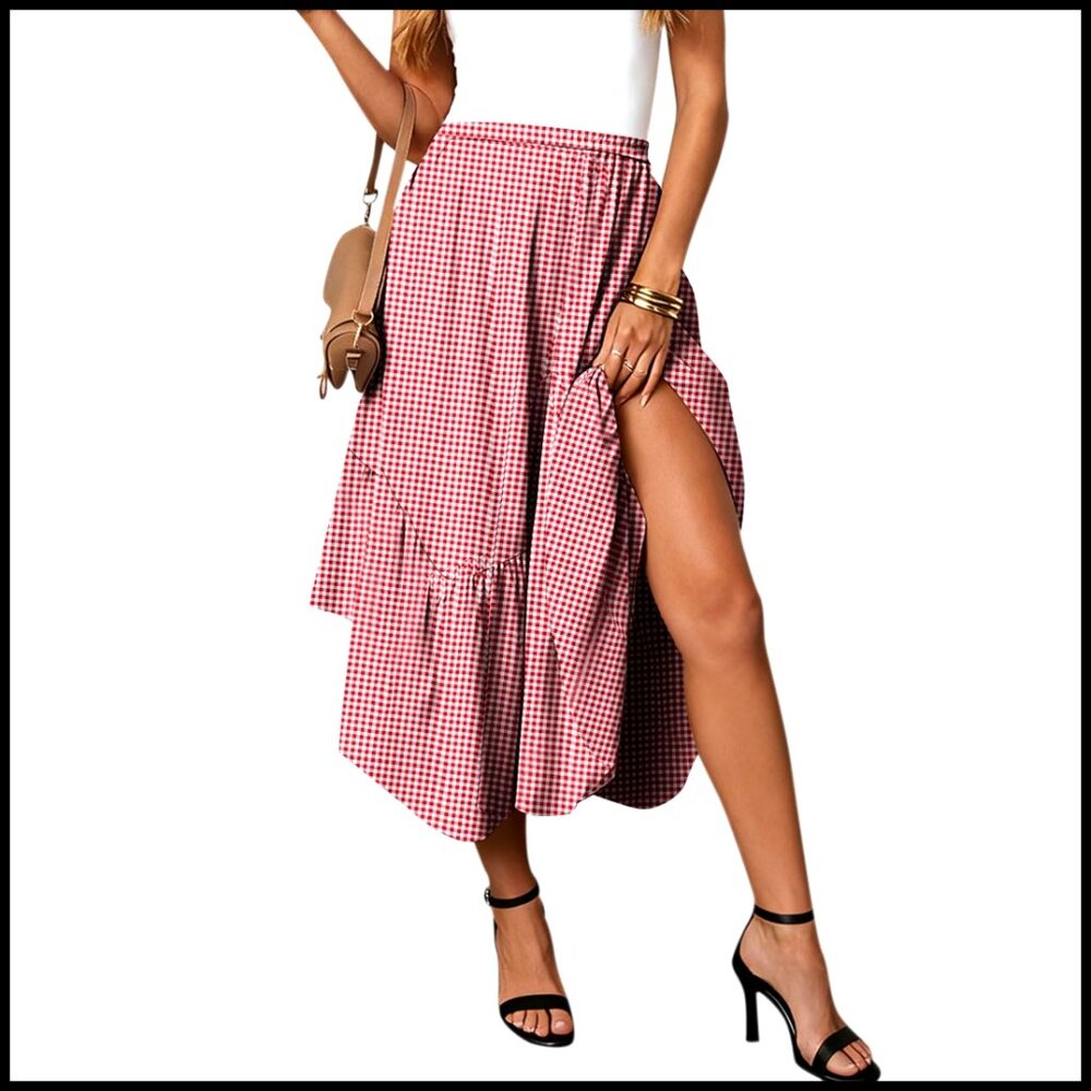 Elastic High Waist Midi Skirt with Pockets, A-Line Flowy Pleated Design